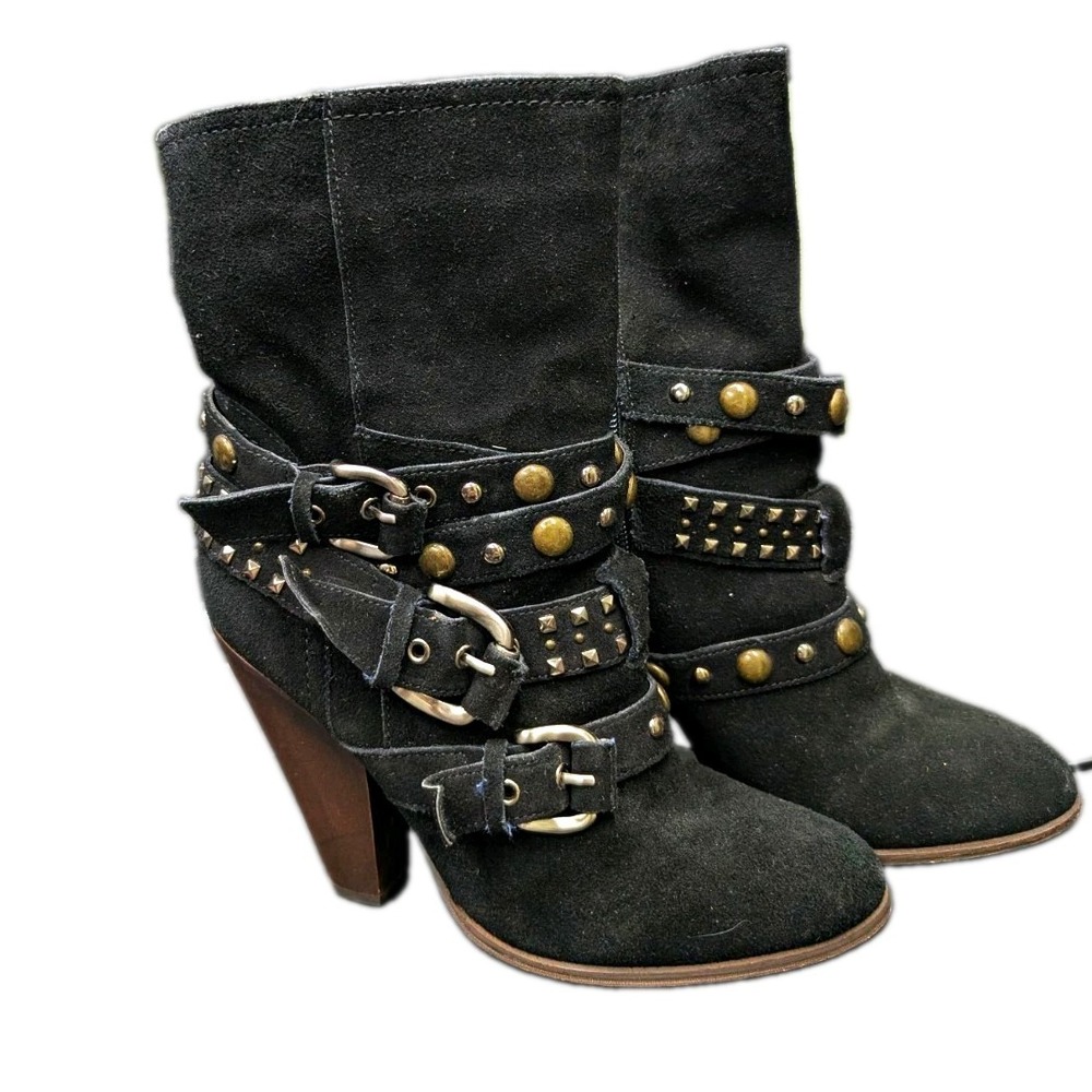 Steve Madden Rusttik Womens 7M Black Leather Ankle Bootie Studded Buckle Zip